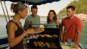 Friends cookout on Norfork Lake boat