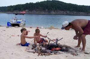 Campfire lunch at sandy beach Norfork Lake