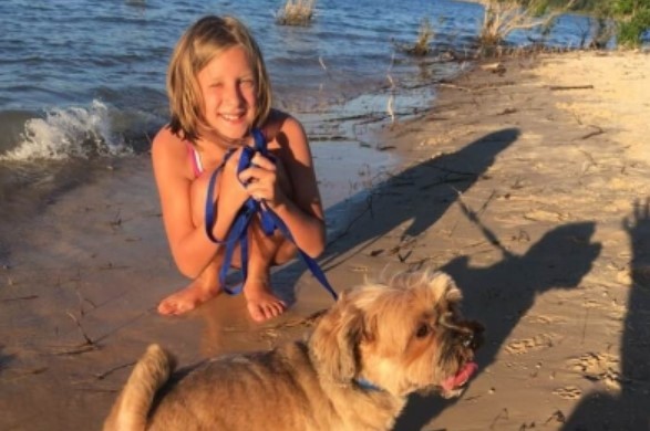 Norfork Lake sandy beach with girl and dog